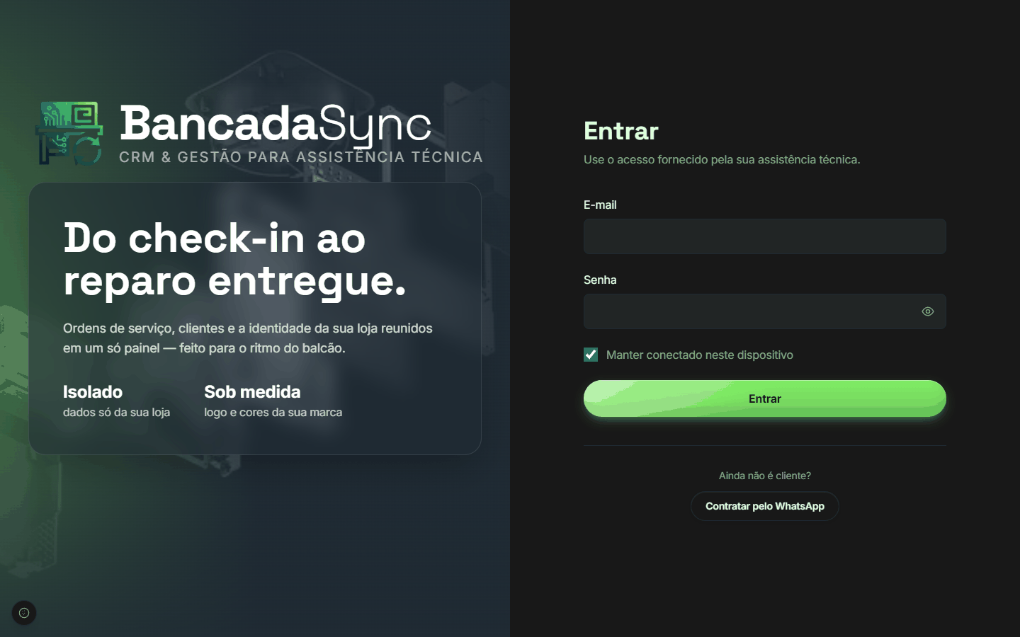 Tela de login do BancadaSync