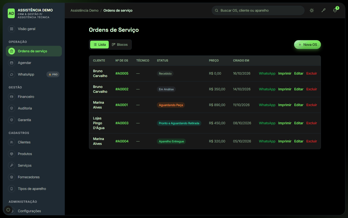 Lista de ordens de serviço com status coloridos