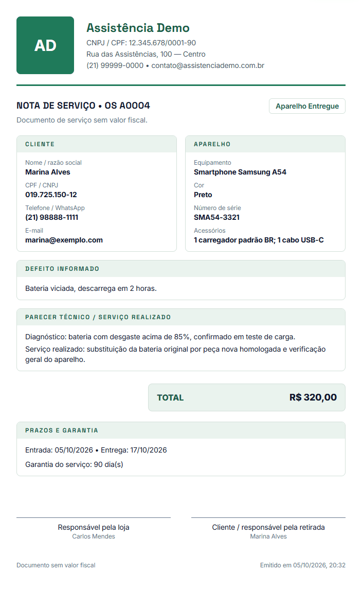 Nota de serviço impressa com dados da loja, cliente, aparelho, itens e assinaturas