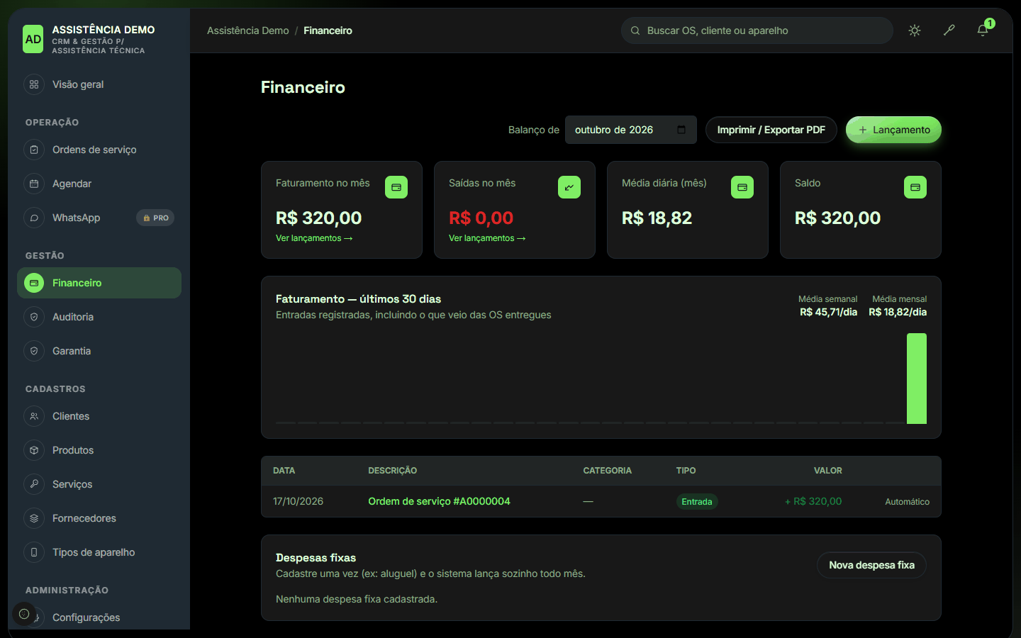 Tela de financeiro com faturamento, saídas e balanço do mês