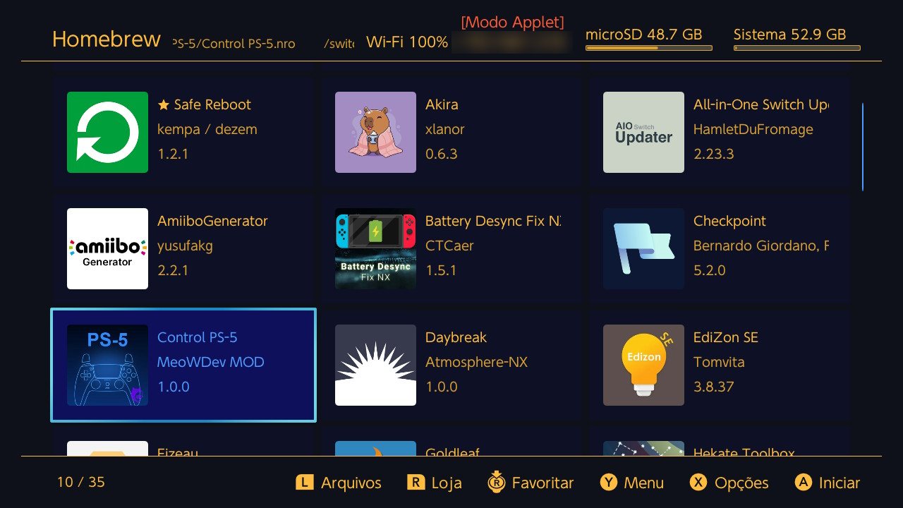 Lista do Homebrew com o Control PS-5 selecionado