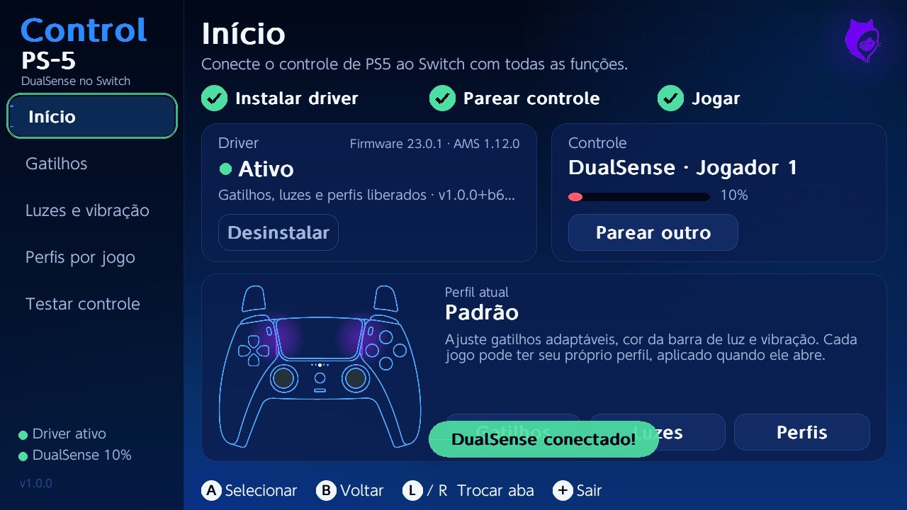 Tela Início do app com o driver ativo e o DualSense conectado