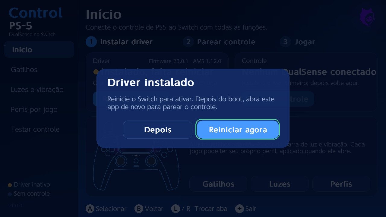 Aviso Driver instalado pedindo para reiniciar o Switch