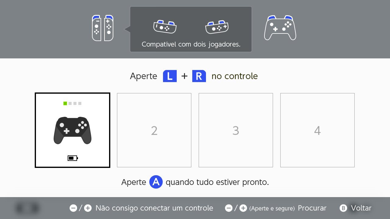 Tela pedindo para apertar L e R no controle, com um controle preto no jogador 1