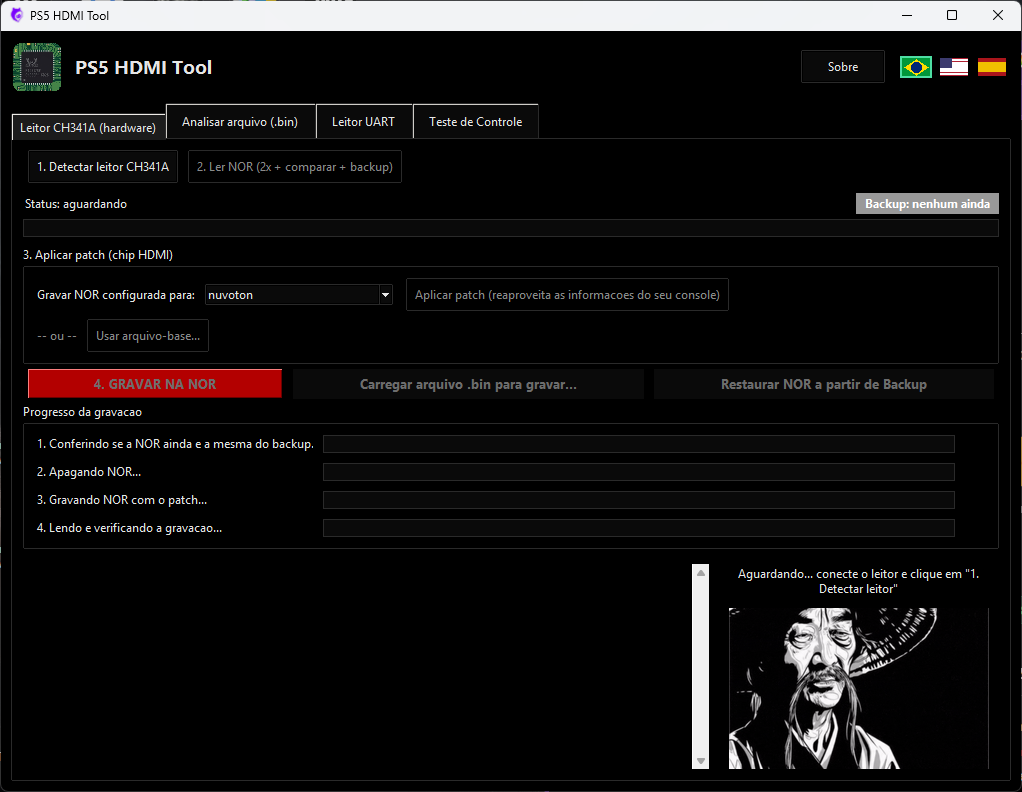 Tela principal do PS5 HDMI Tool detectando um leitor CH341A